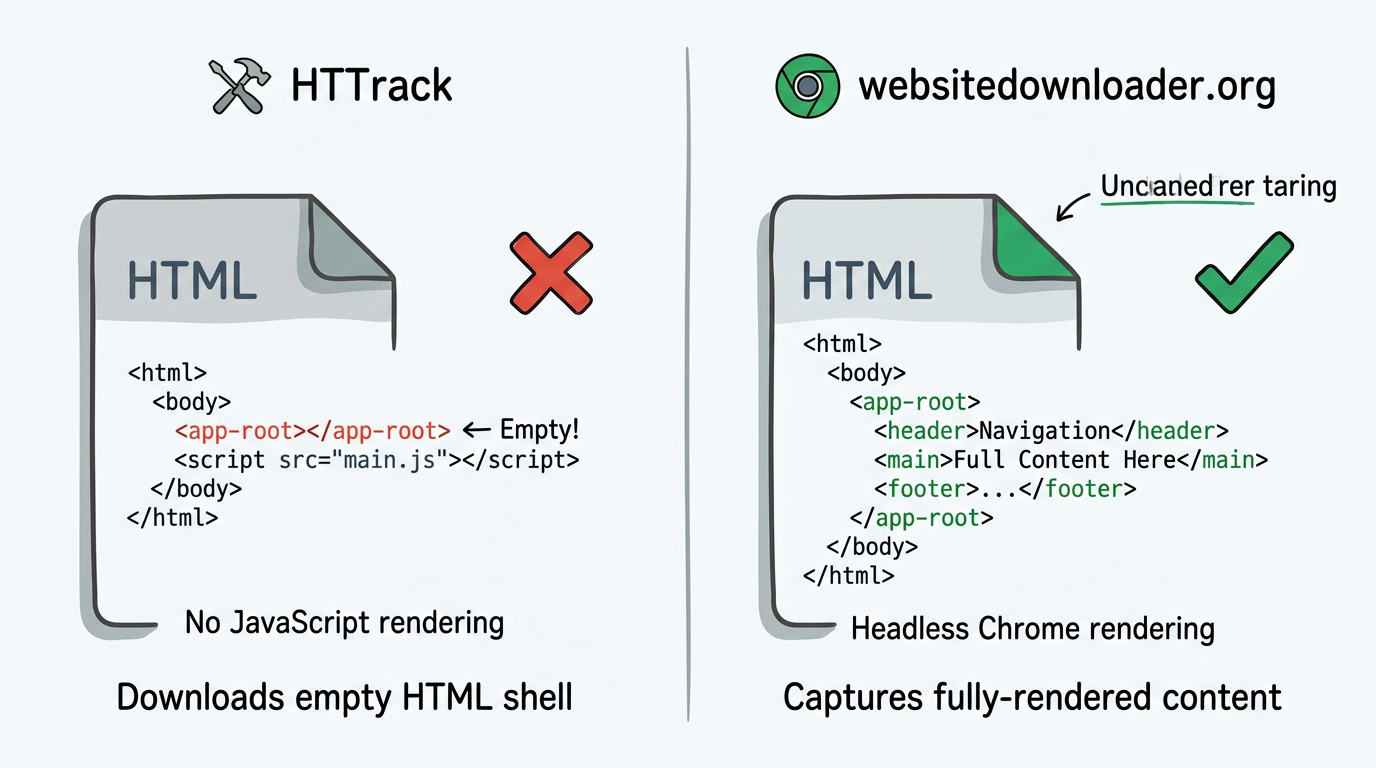 Comparison: HTTrack downloads empty Angular HTML shell vs websitedownloader.org captures fully-rendered content using headless Chrome