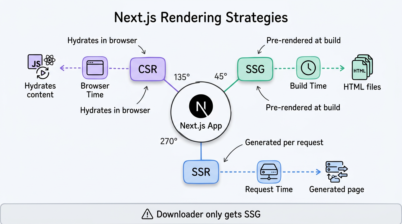 Next.js rendering strategies: SSG, SSR, and CSR visualization