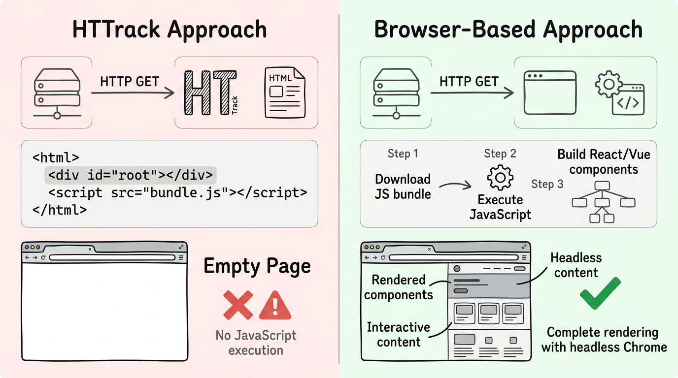 Side-by-side comparison of HTTrack downloading raw HTML resulting in a blank page versus browser-based approach executing JavaScript and capturing fully rendered content