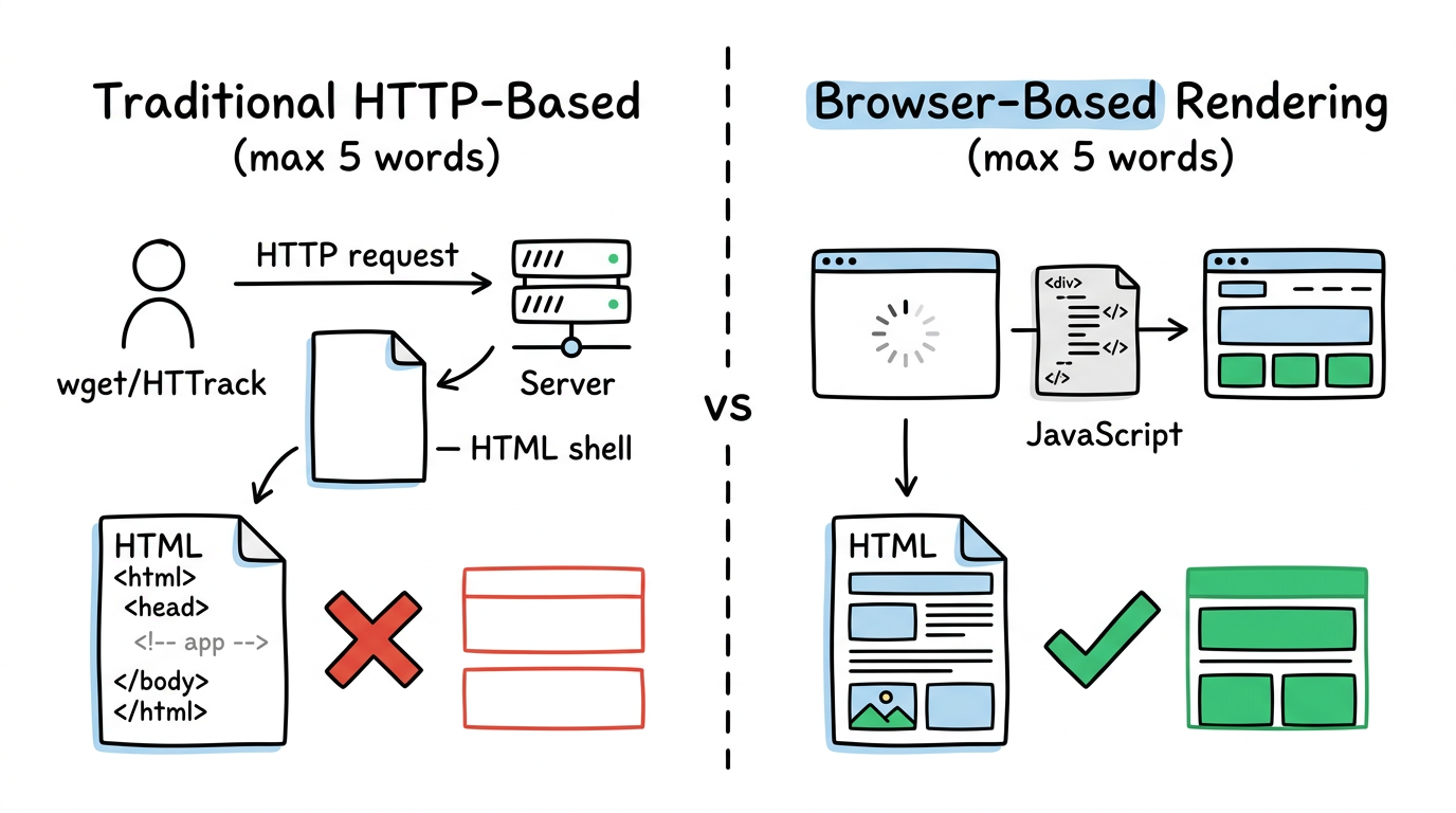 Comparison of traditional HTTP-based downloaders vs. browser-based capture showing why traditional tools fail with SPAs