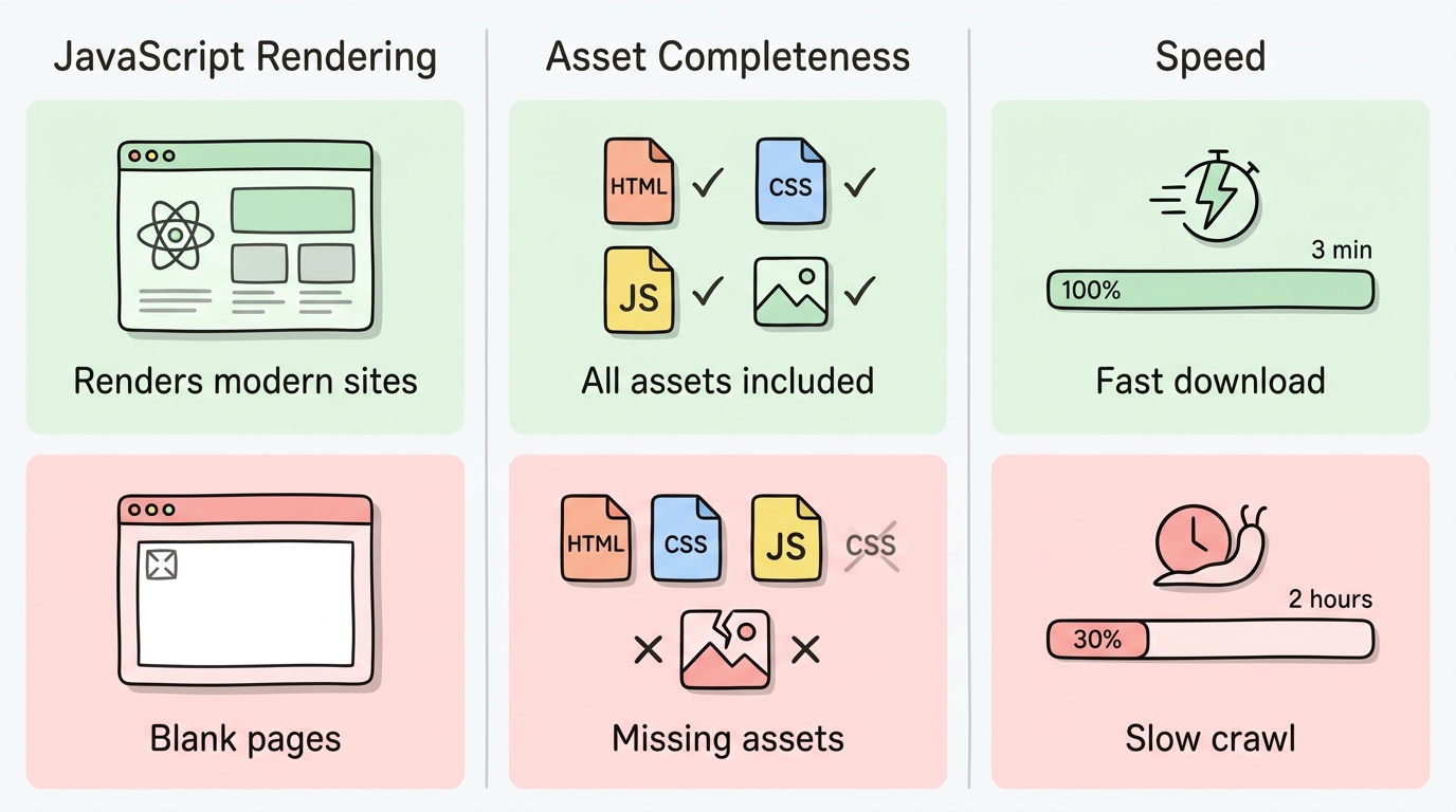 What makes a good web downloader: JavaScript rendering, asset completeness, and speed