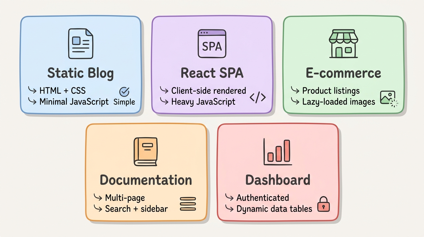 Test setup: 5 website types tested - static blog, React SPA, e-commerce, documentation, and dashboard