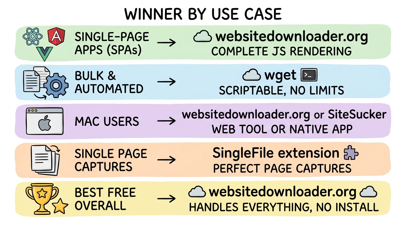 Winner by use case: recommended tools for SPAs, bulk downloads, Mac, single pages, and general use