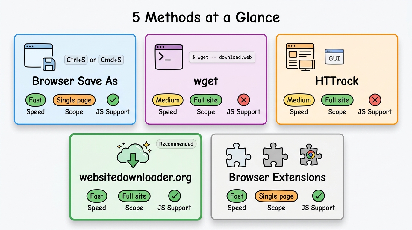 5 methods at a glance: Browser Save As, wget, HTTrack, websitedownloader.org, and browser extensions