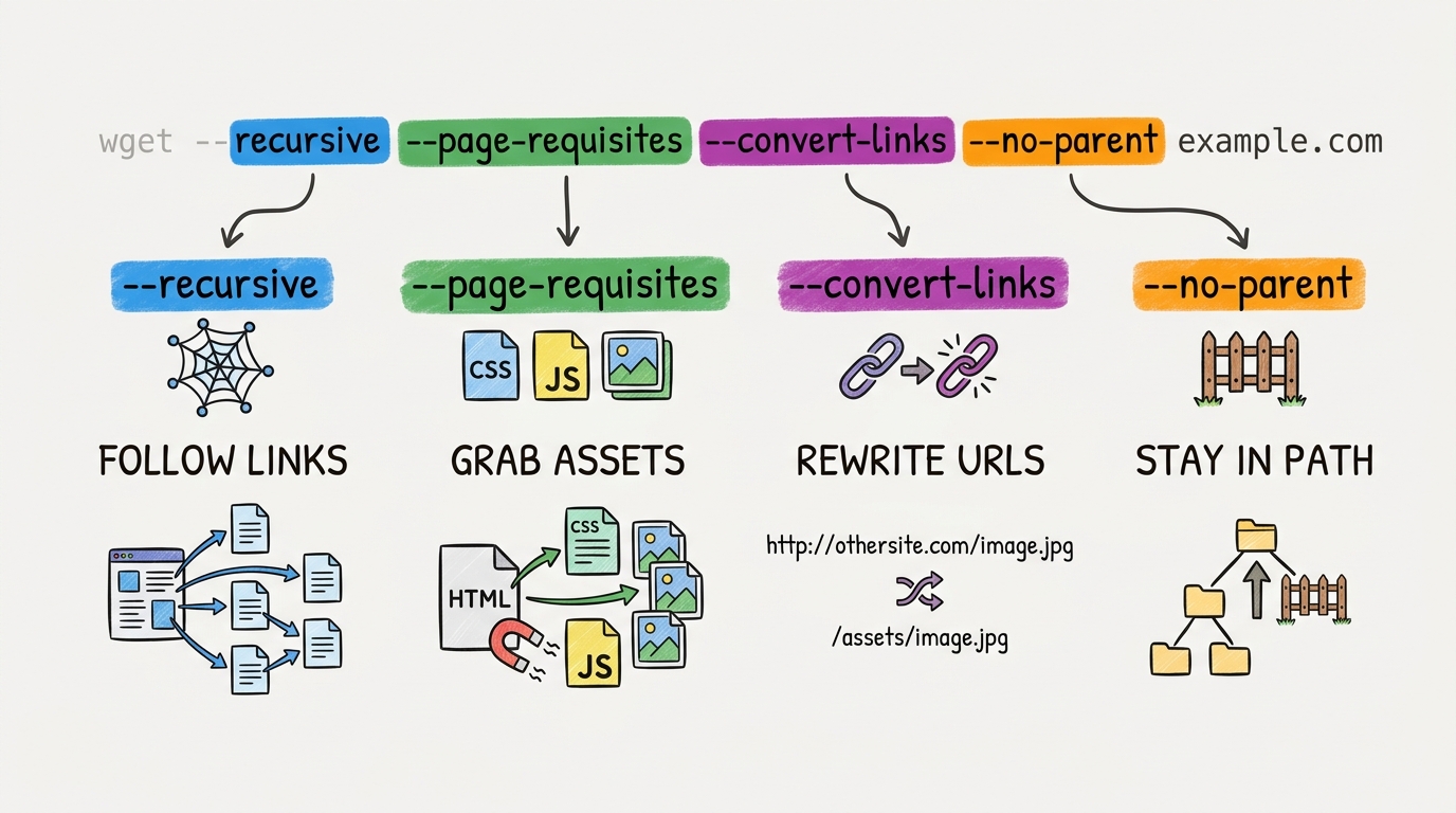 wget command explained: breakdown of each flag with visual explanations