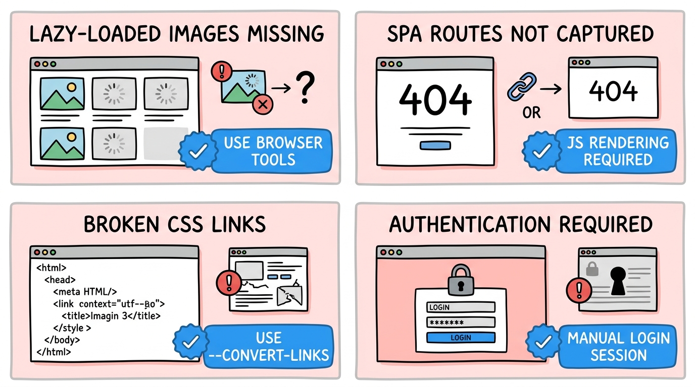 Common problems visual guide: lazy-loaded images, SPA routes, CSS breakage, and authentication walls