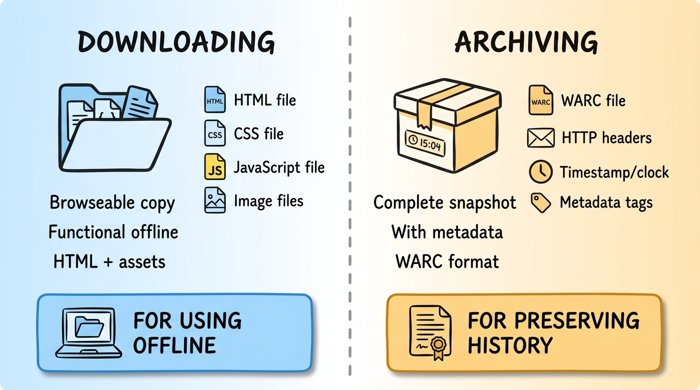 Downloading vs archiving: functional copy for offline use vs historical preservation with metadata