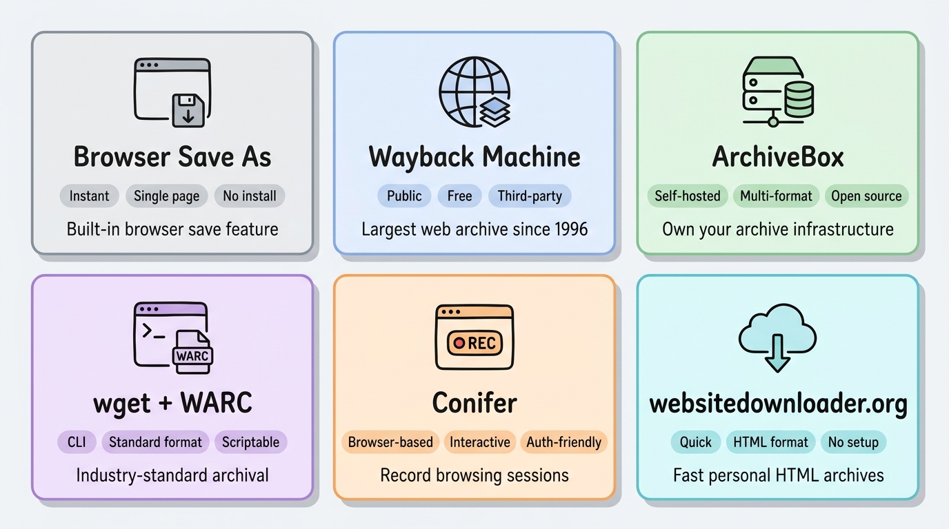 6 archiving methods overview: Browser Save As, Wayback Machine, ArchiveBox, wget WARC, Conifer, and websitedownloader.org