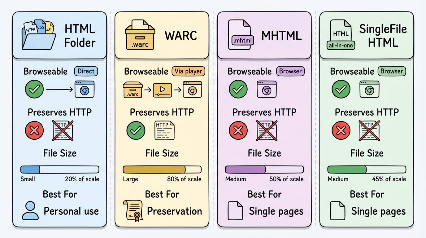Archive format comparison: HTML folder, WARC, MHTML, and SingleFile HTML formats