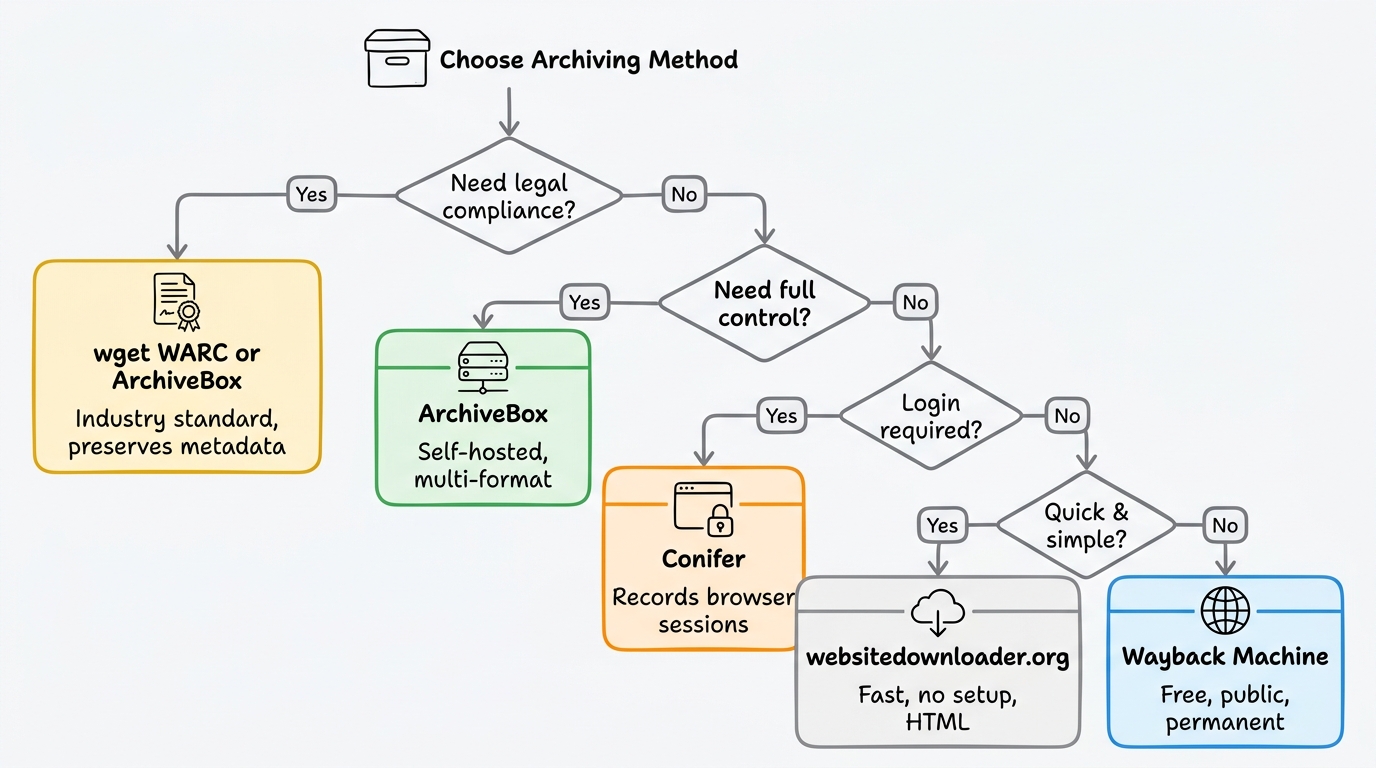 Archiving decision tree: choose the right method based on legal compliance, self-hosting, authentication, and simplicity needs
